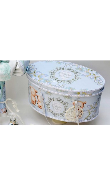 Trusou de botez cu eucalipt si ursuleti pe fundal bleu mint Little Blue Bear 25